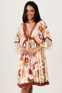 Yacamim E5 Paisley Beige Fringe Open Short Dress
