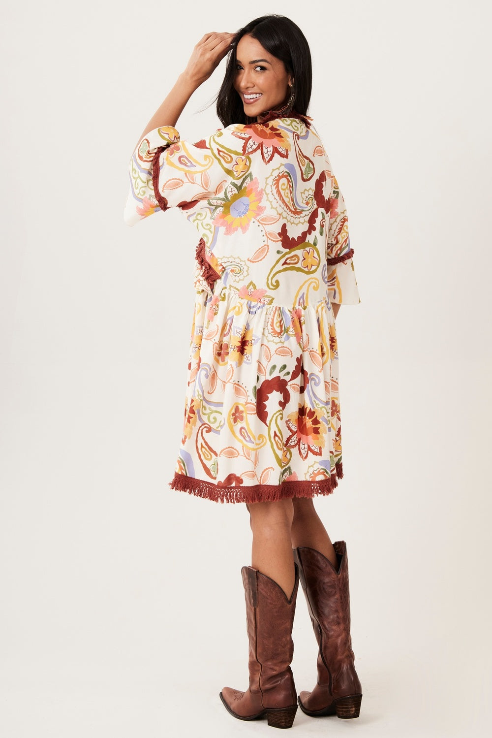 Yacamim E5 Paisley Beige Fringe Open Short Dress