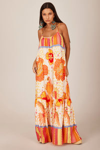 Yacamim C28 Beige and Orange Printed Long Dress with Straps