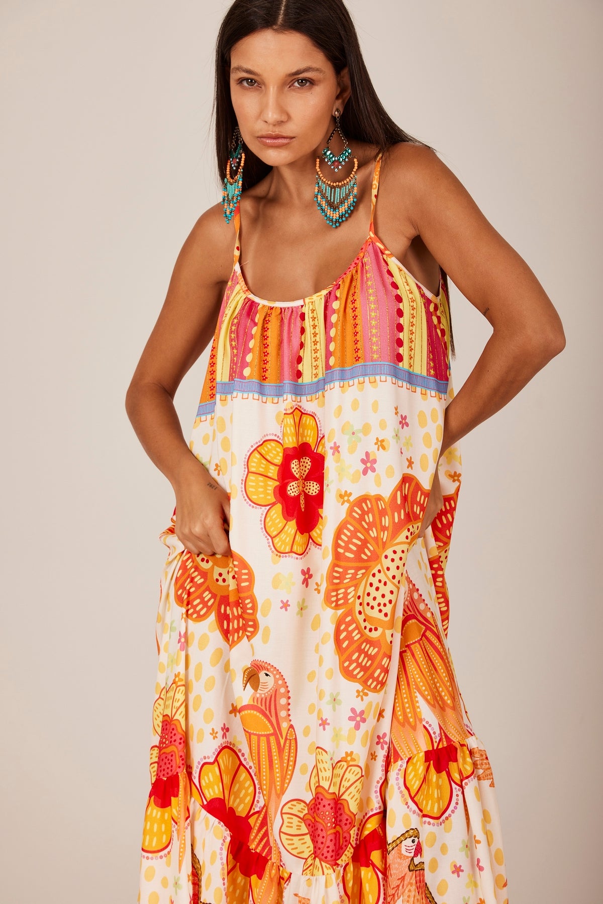 Yacamim C28 Beige and Orange Printed Long Dress with Straps