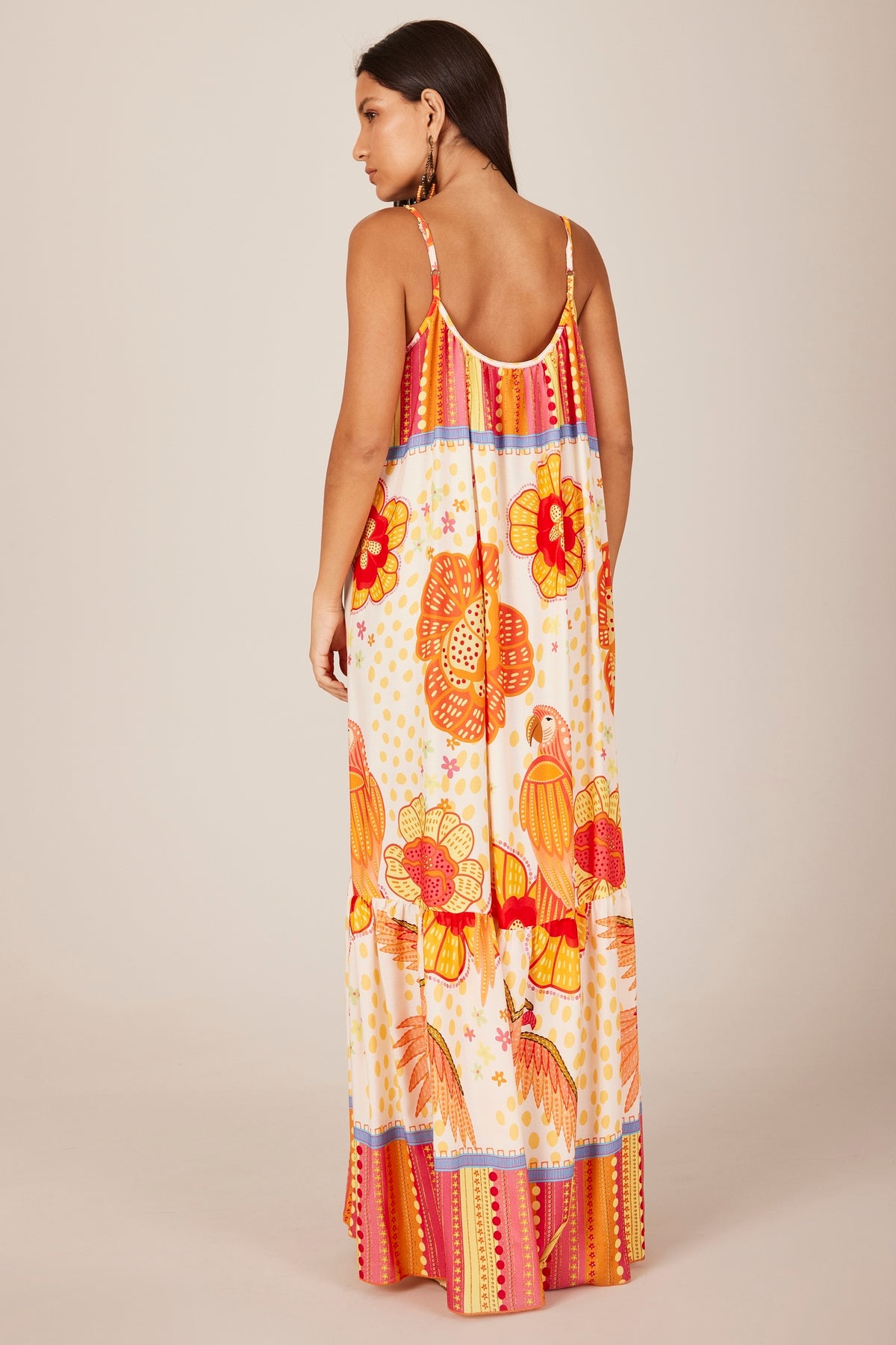 Yacamim C28 Beige and Orange Printed Long Dress with Straps