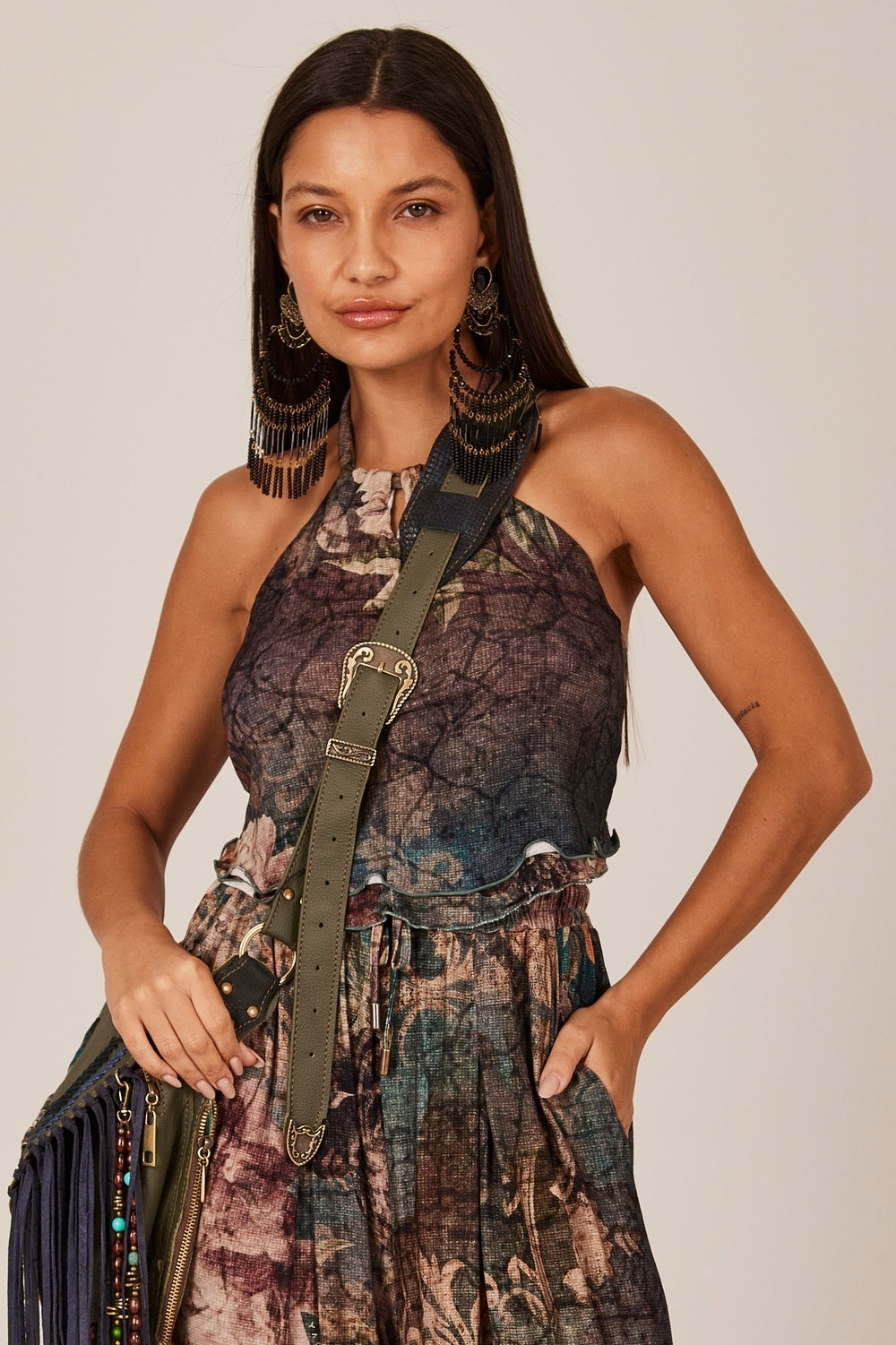 Cropped Scarf Knit Digital Print Yacamim A27
