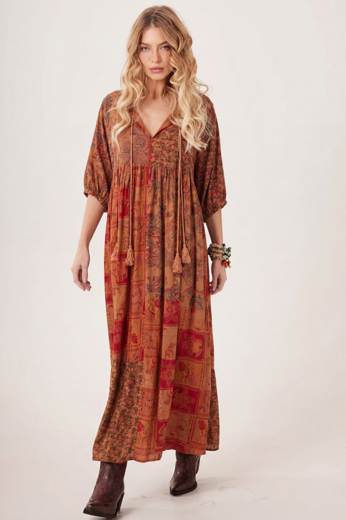 Yacamim Orange Patchwork Long Dress D1