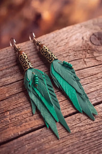 Yacamim #156 Handcrafted Green Leather Earring with Embossed Metal