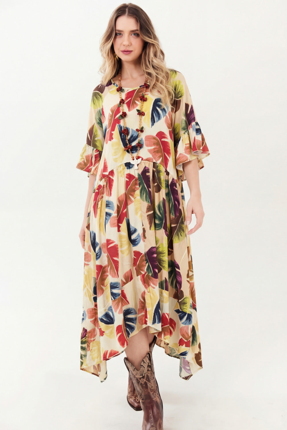 Yacamim Women's Beige Monstera Print Midi Dress D11