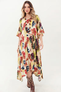 Yacamim Women's Beige Monstera Print Midi Dress D11