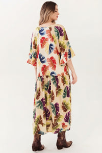 Yacamim Women's Beige Monstera Print Midi Dress D11