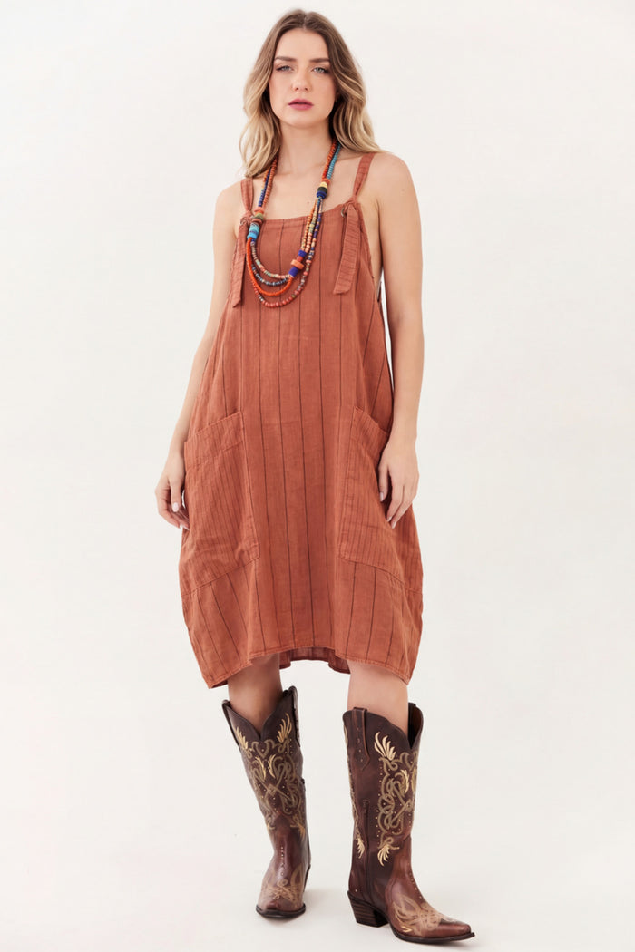 Yacamim E7 Terracotta Short Dress With Wide Stripes